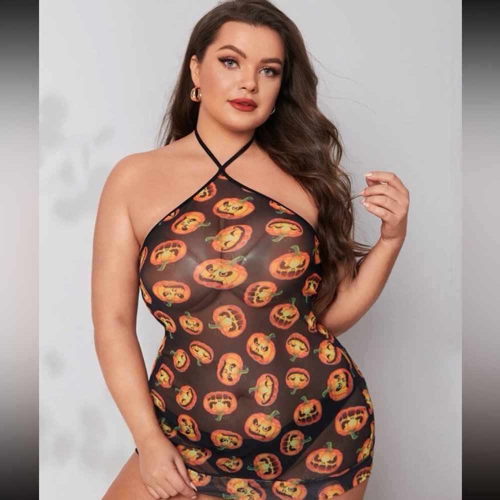 Plus Halloween print stretch sheer with thong 1x